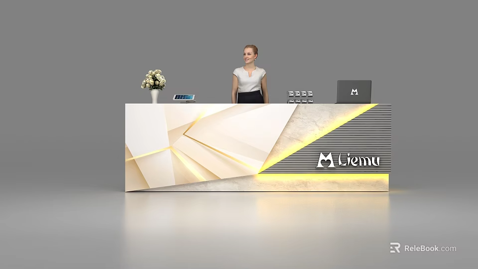 Modern Geometric Reception Desk With Receptionist Flower Arrangement Laptop Mient Logo And Lighting 3d model 