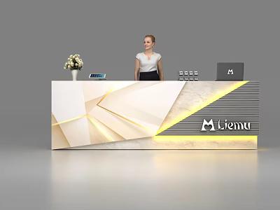 Modern Geometric Reception Desk With Receptionist Flower Arrangement Laptop Mient Logo And Lighting 3d model
