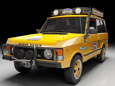 Yellow Range Rover with Roof Rack and Spotlights Exterior with Body Stickers and Badges 3d model