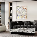 Modern Living Room Interior With Black Sofa Marble Coffee Table Abstract Painting And Glass Cabinet