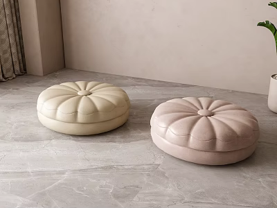 Cream And Light Pink Pumpkin Shaped Poufs On Marble Floor 3d model