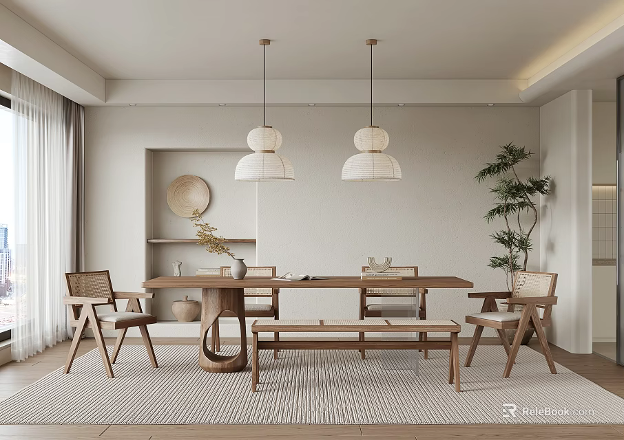Minimalist Natural Restaurant Interior With Wooden Dining Table Chairs Bench Pendant Lights And Plant 3d model 