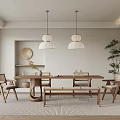 Minimalist Natural Restaurant Interior With Wooden Dining Table Chairs Bench Pendant Lights And Plant
