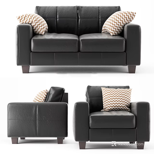 Modern Black Leather Sofa Set With Chevron Pattern Pillows And Matching Armchairs 3d model