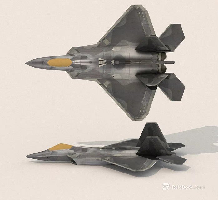 Stealth Military Jet Fighter With Gray Camouflage Yellow Nose Top Side Views 3d model 