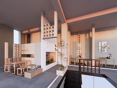 Traditional Chinese Teahouse Interior With Wooden Furniture Lattice Screens And Potted Plants 3d model