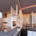 Traditional Chinese Teahouse Interior With Wooden Furniture Lattice Screens And Potted Plants