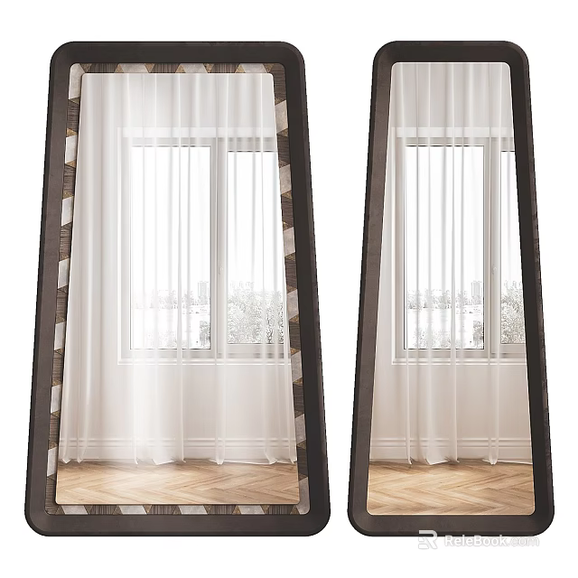 Modern Full Length Mirror With Wooden Frame Reflecting Window And White Curtain In Room 3d model 
