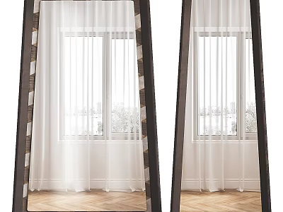 Modern Full Length Mirror With Wooden Frame Reflecting Window And White Curtain In Room 3d model