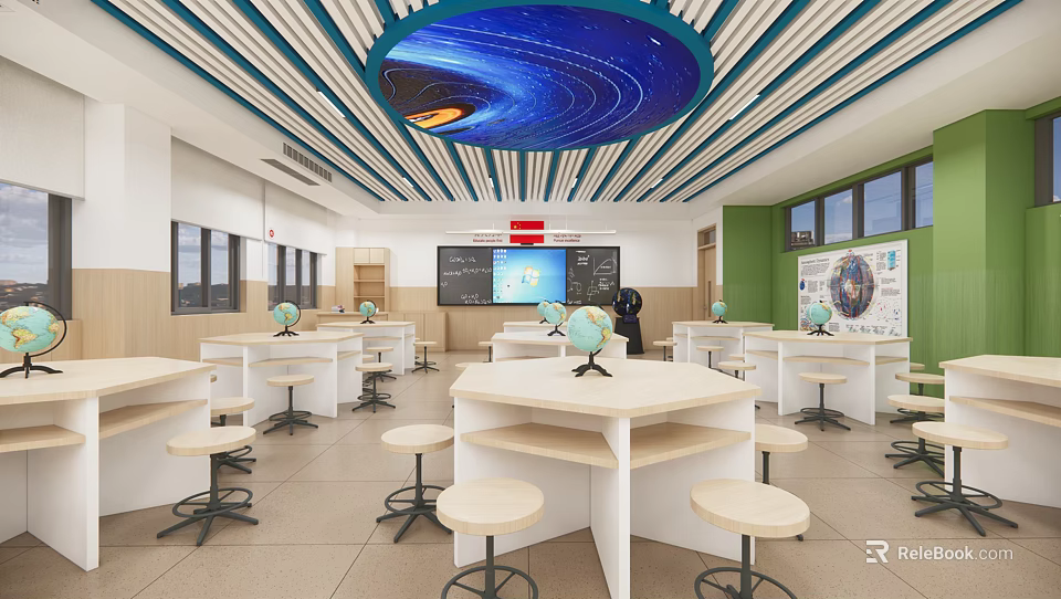 School Science Learning Space With Starry Sky Ceiling Globe Tables And Large Display Screen 3d model
