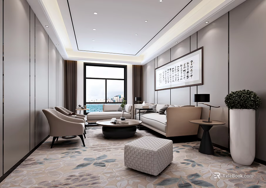 Modern Hotel Public Lounge Area With Beige Sofas Armchairs Coffee Table And Calligraphy Wall Art 3d model 
