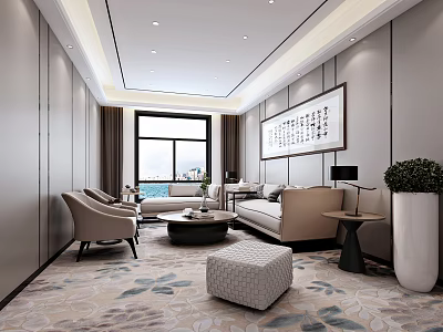 Modern Hotel Public Lounge Area With Beige Sofas Armchairs Coffee Table And Calligraphy Wall Art 3d model