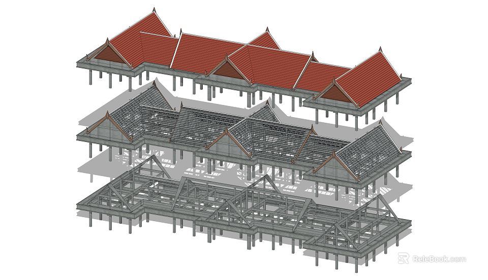 Detailed Traditional Architectural Components Featuring Multi Layer Red Roof Frame Structure 3d model 