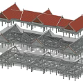 Detailed Traditional Architectural Components Featuring Multi Layer Red Roof Frame Structure
