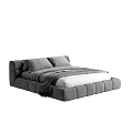 Modern Gray Upholstered Double Bed With Plush Headboard Soft Pillows And Blanket 3d model
