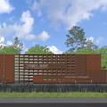 Red Brick Feature Wall With Modern Design Against Green Trees And Blue Sky