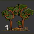 Lush Green Leafy Trees With Brown Trunks Potted Plant And Small Decorations On Orange Ground