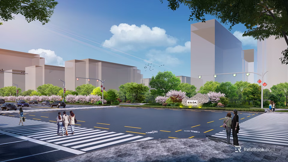 Road Facilities With Zebra Crossing Traffic Lights Pedestrians And Urban Greenery 3d model 