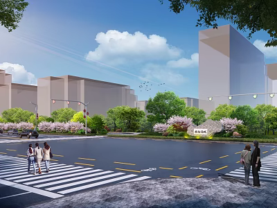 Road Facilities With Zebra Crossing Traffic Lights Pedestrians And Urban Greenery 3d model