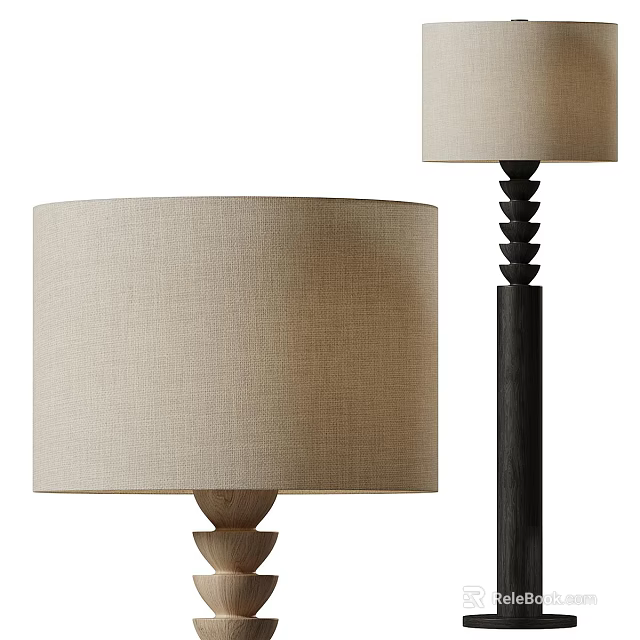 Modern Floor Lamp With Beige Fabric Shade Wooden Base And Black Pole 3d model 
