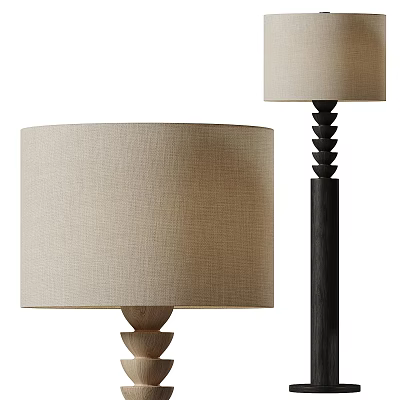 Modern Floor Lamp With Beige Fabric Shade Wooden Base And Black Pole 3d model