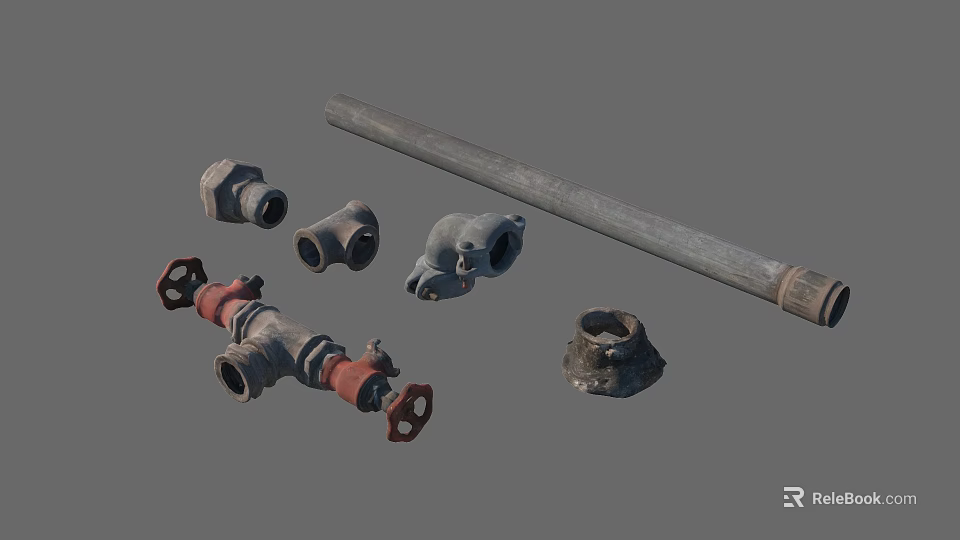 Industrial Metal Pipe Fittings Collection with Elbow Joints Red Couplings and Gray Tubes 3d model 