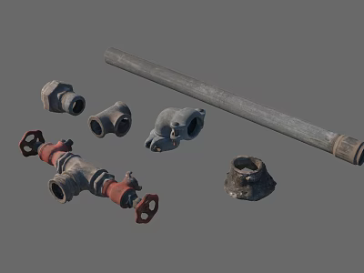 Industrial Metal Pipe Fittings Collection with Elbow Joints Red Couplings and Gray Tubes 3d model