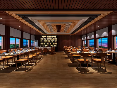 Cozy Restaurant Interior With Wooden Ceiling Flooring Tables Chairs Wine Rack And Window Views 3d model