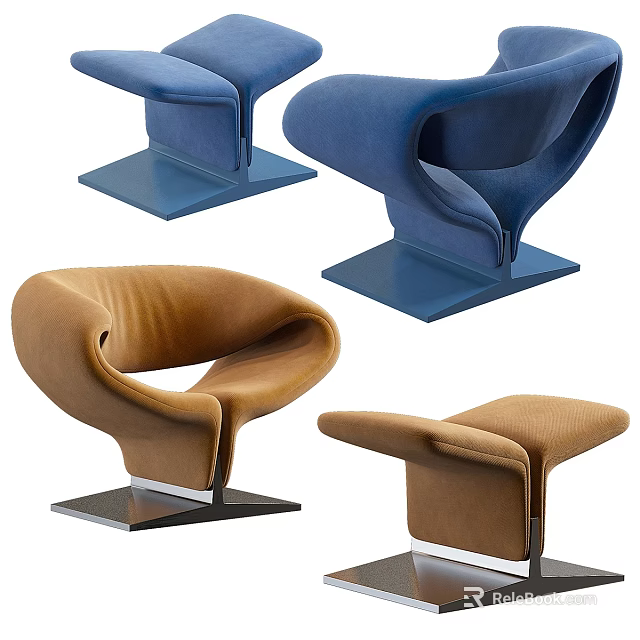Modern Leisure Accent Chairs With Unique Curved Shape Square Base And Blue Brown Colors 3d model 