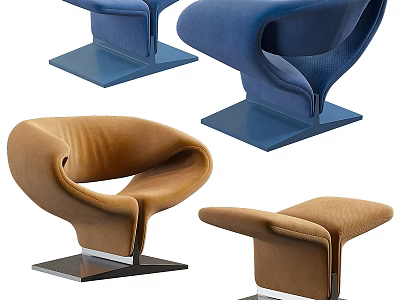 Modern Leisure Accent Chairs With Unique Curved Shape Square Base And Blue Brown Colors 3d model