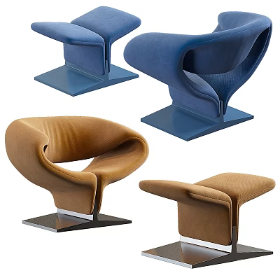 Modern Leisure Accent Chairs With Unique Curved Shape Square Base And Blue Brown Colors 3d model