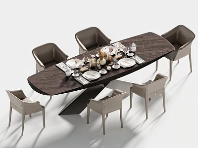 Modern Dining Table And Light Chairs With Plates Glasses And Decor In Room 3d model