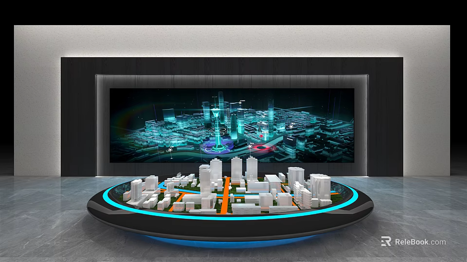Innovative Commercial Equipment With Circular Display Stand And City Model Large Screen Digital City Visuals 3d model 