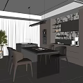 Modern Dining Room Interior With Dark Table Brown Chairs And Patterned Wall