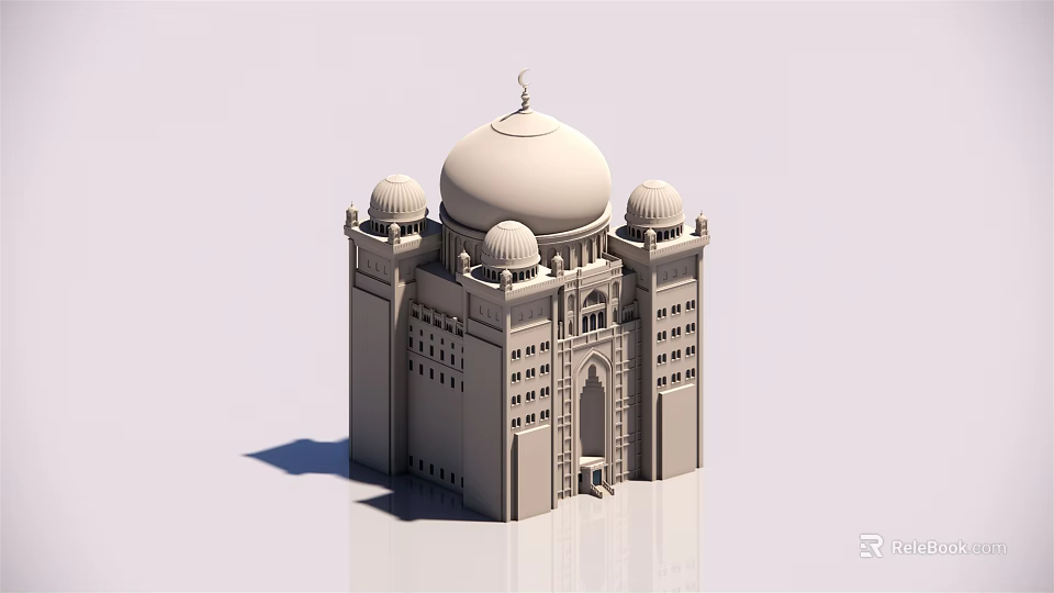 Detailed 3D Mosque Model With Central Dome Small Domes And Minarets 3d model 