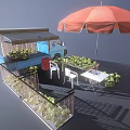 Outdoor Fruit Stand With Blue Truck Red Umbrella And Green Apple Baskets
