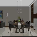 Modern Dining and Living Room Interior With Dining Table Chairs Hanging Lights Wall Art Sofa
