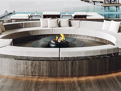 Outdoor Sofa Round Design With Wooden Frame Fire Pit Table And Poolside View 3d model