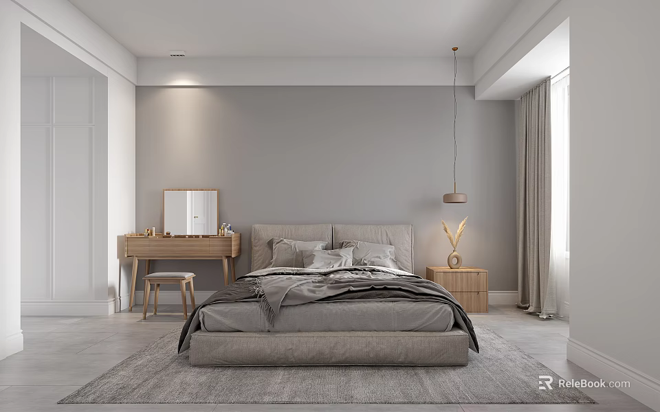 Serene Gray Bedroom Interior With Large Bed Bedding Bedside Table Lamp And Natural Light 3d model 