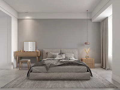 Serene Gray Bedroom Interior With Large Bed Bedding Bedside Table Lamp And Natural Light 3d model