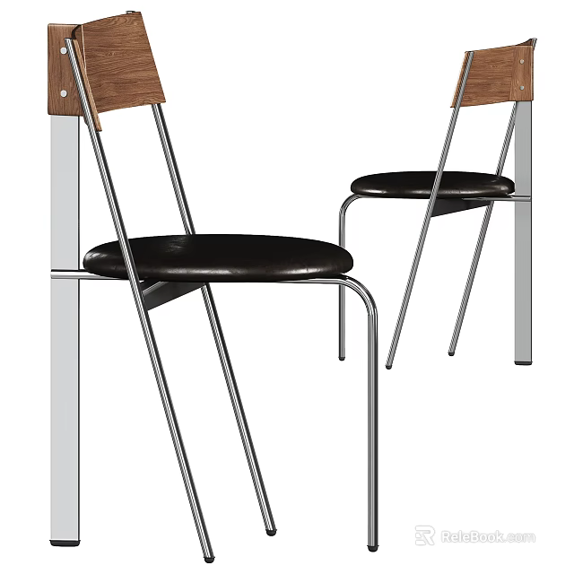 Modern Leisure Chair With Wooden Back Metal Frame And Black Leather Seat 3d model 