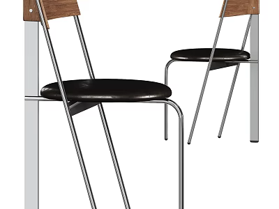 Modern Leisure Chair With Wooden Back Metal Frame And Black Leather Seat 3d model