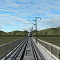 Bridge With High Speed Train Over River And Cargo Ship Near Mountains And Farmland