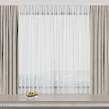 Beige Thick Curtains With White Sheer Panel For Window And Fruit Bowl On Wooden Tabletop