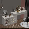 Elegant Modern Dressing Table with Round Mirror Golden Drawers Cosmetics and White Chair