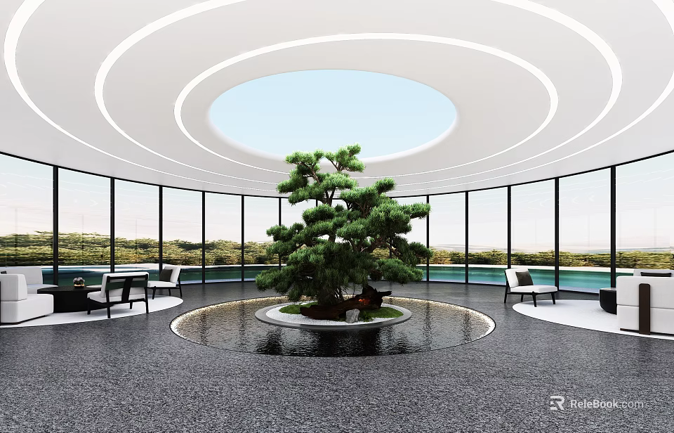 Serene Indoor Landscape Featuring Circular Skylight Large Bonsai Pine Tree And Floor-to-Ceiling Windows 3d model 