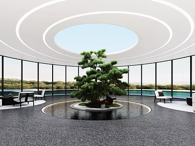 Serene Indoor Landscape Featuring Circular Skylight Large Bonsai Pine Tree And Floor-to-Ceiling Windows 3d model