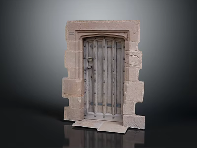 Traditional Entrance Door With Sandstone Frame And Wooden Vertical Slats 3d model