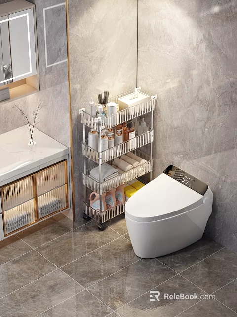 Modern Bathroom Multi Tier Storage Shelf With Toiletries Towels And Toilet 3d model 