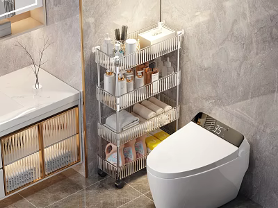 Modern Bathroom Multi Tier Storage Shelf With Toiletries Towels And Toilet 3d model
